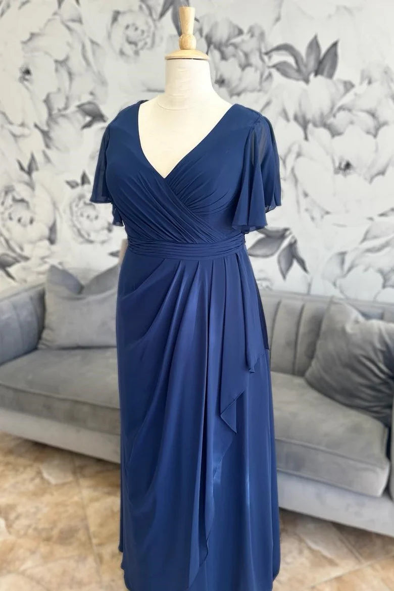 Navy Chiffon Surplice Neckline Flutter Sleeves Ruffle Full Length Mother of the Bride Dresses