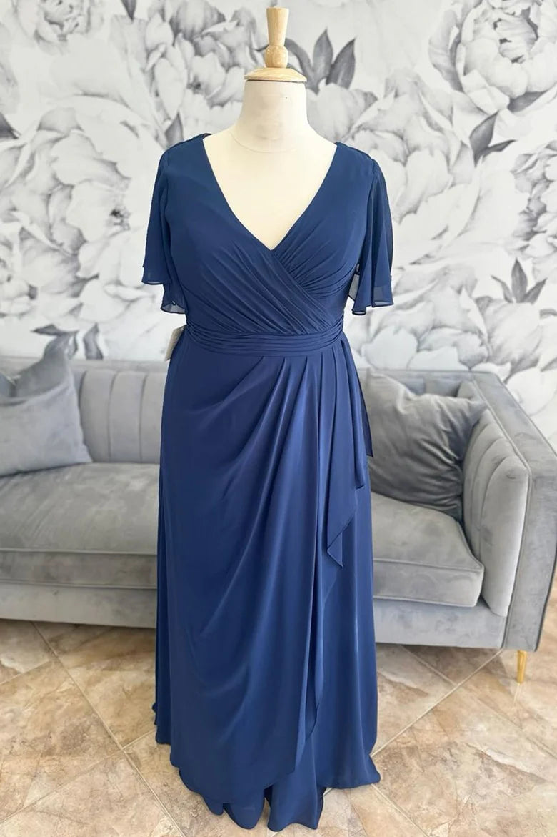 Navy Chiffon Surplice Neckline Flutter Sleeves Ruffle Full Length Mother of the Bride Dresses