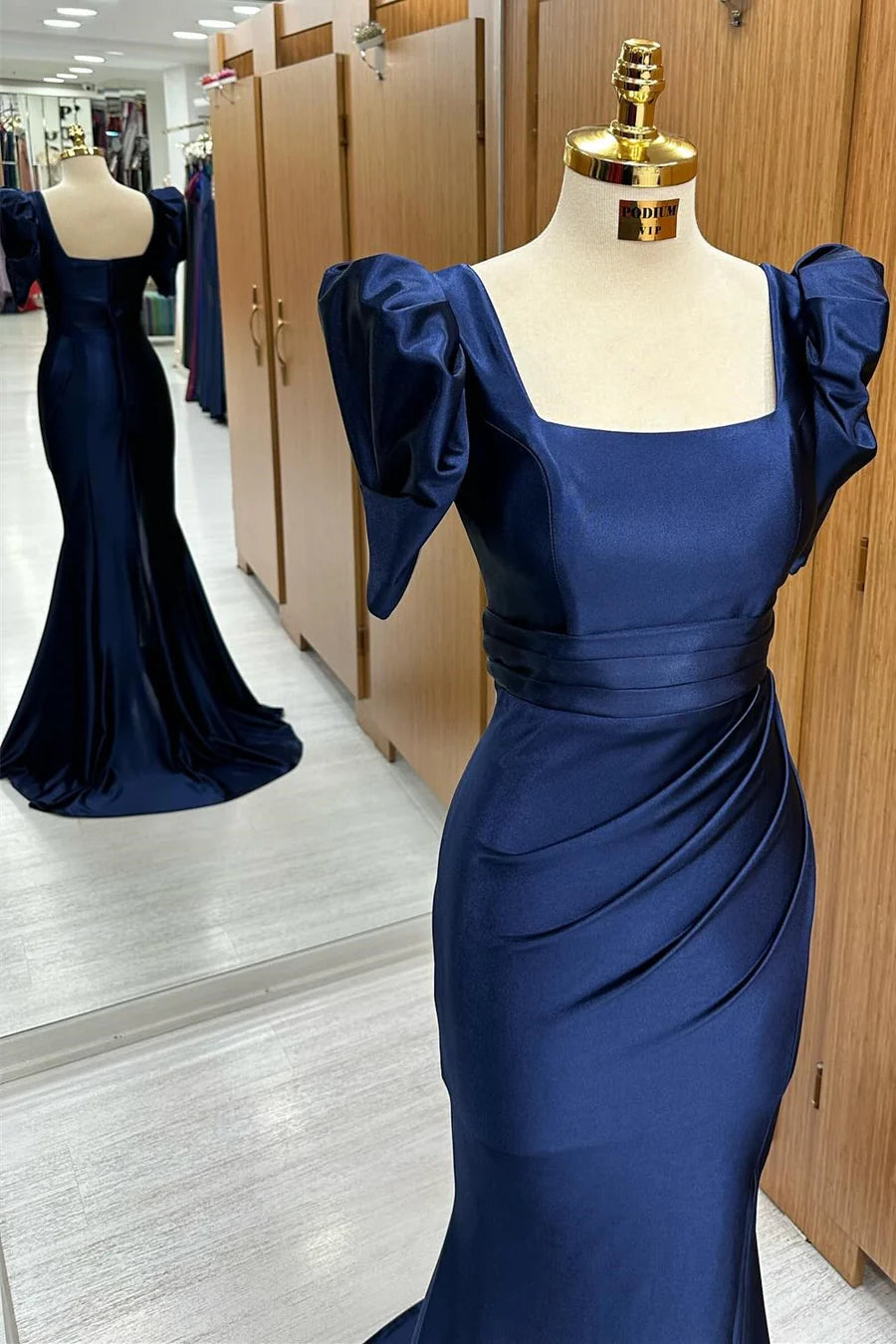 Navy Satin Square Neck Puff Sleeve Pleated Waist Mermaid Floor Length Formal Dress With Slit