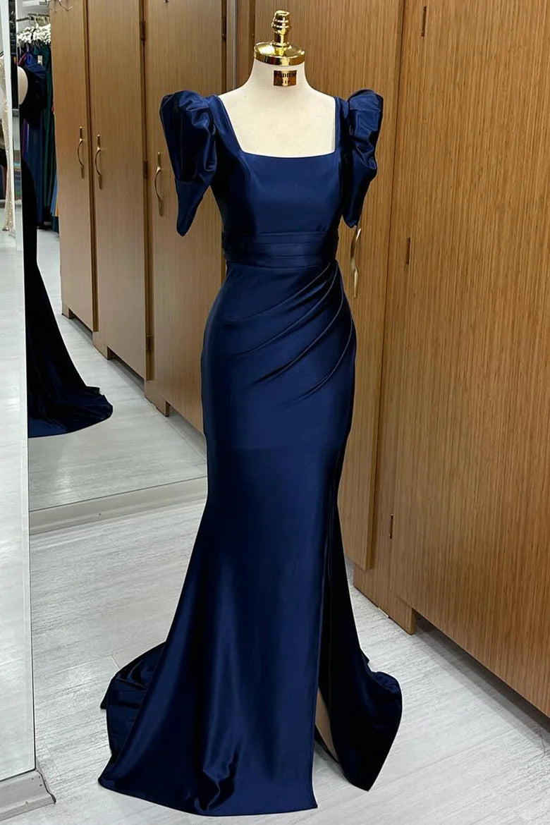 Navy Satin Square Neck Puff Sleeve Pleated Waist Mermaid Floor Length Formal Dress With Slit
