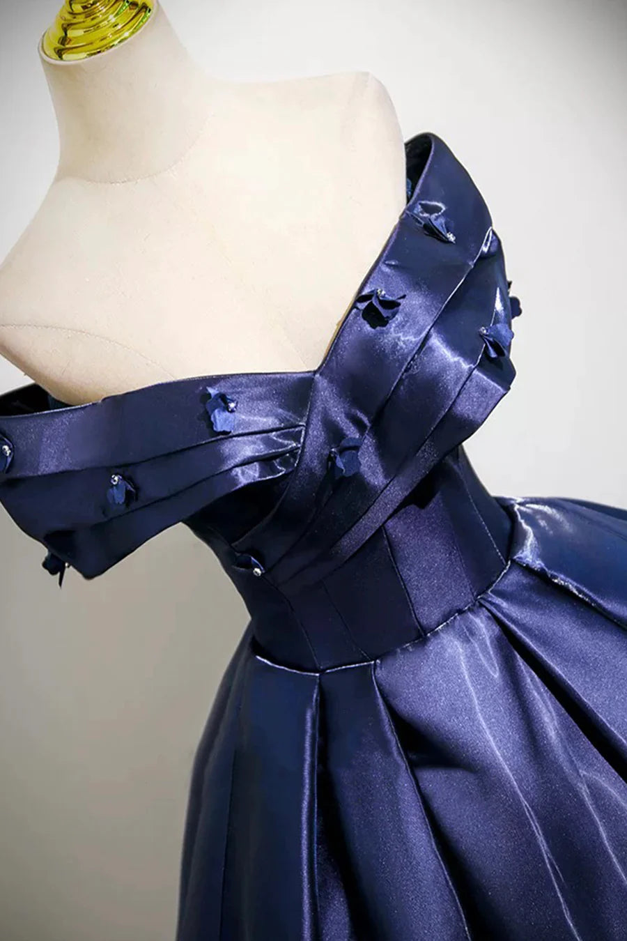 Navy Satin With Applique Strapless Floor Length Prom Dress A-Line Off the Shoulder Party Dress