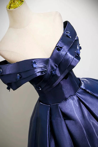 Navy Satin With Applique Strapless Floor Length Prom Dress A-Line Off the Shoulder Party Dress