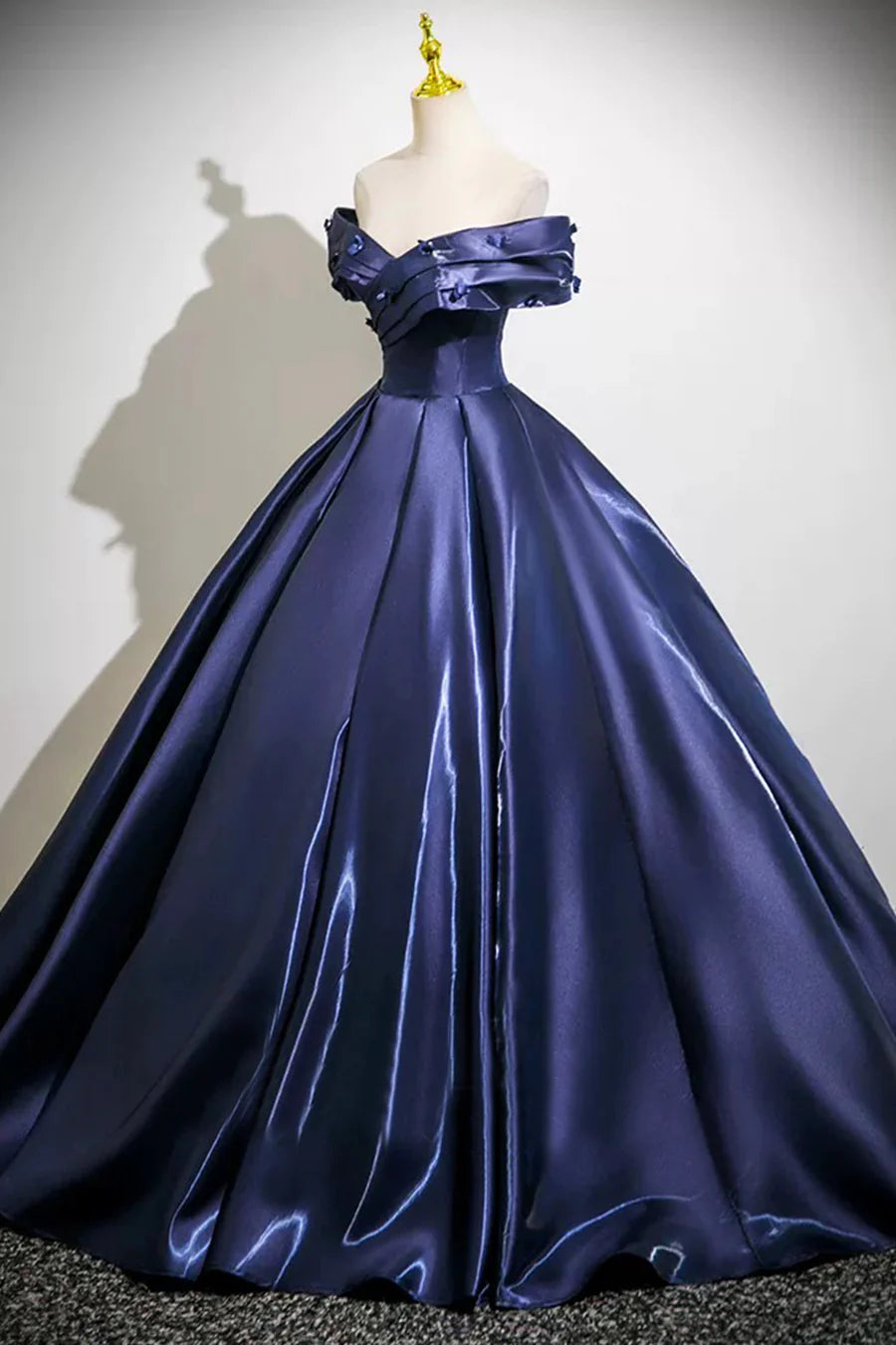 Navy Satin With Applique Strapless Floor Length Prom Dress A-Line Off the Shoulder Party Dress