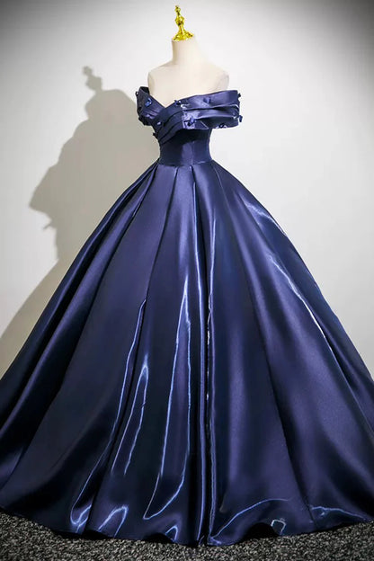 Navy Satin With Applique Strapless Floor Length Prom Dress A-Line Off the Shoulder Party Dress