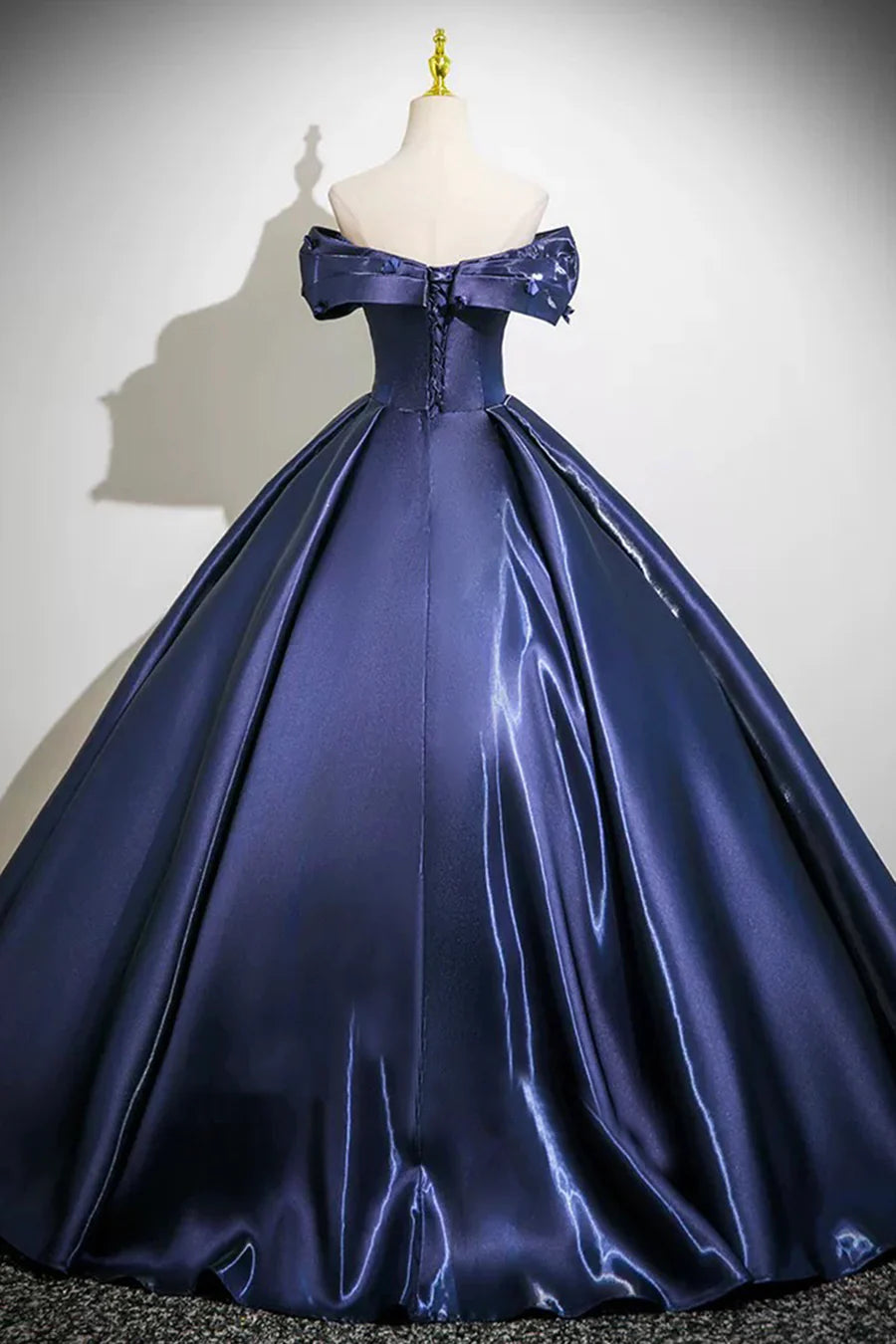 Navy Satin With Applique Strapless Floor Length Prom Dress A-Line Off the Shoulder Party Dress