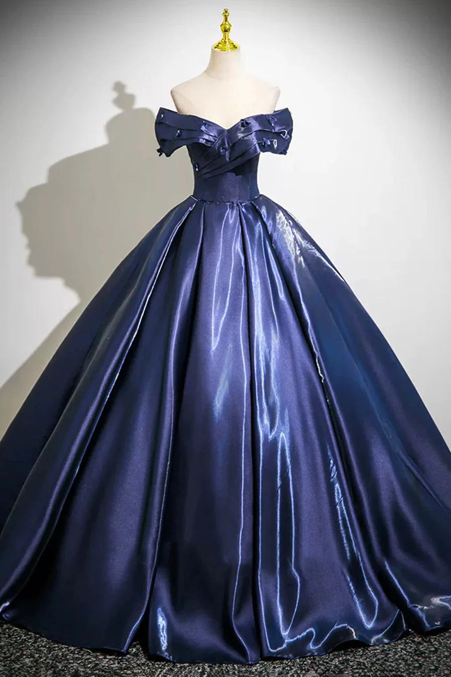 Navy Satin With Applique Strapless Floor Length Prom Dress A-Line Off the Shoulder Party Dress