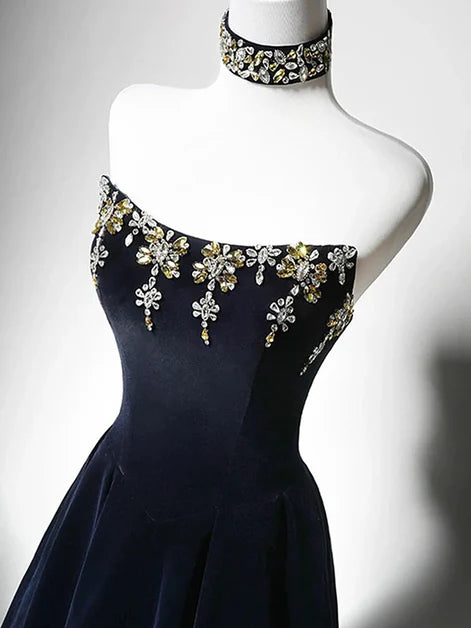 Navy Strapless Blue A-line Floor Length Scoop Beaded Party Dress Prom Dress