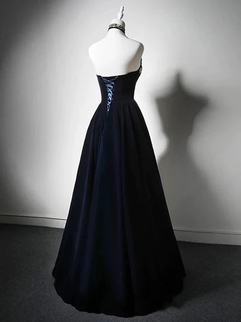 Navy Strapless Blue A-line Floor Length Scoop Beaded Party Dress Prom Dress
