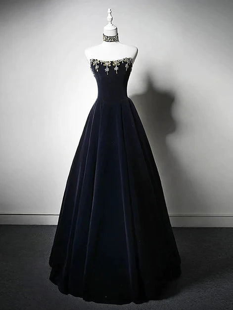 Navy Strapless Blue A-line Floor Length Scoop Beaded Party Dress Prom Dress