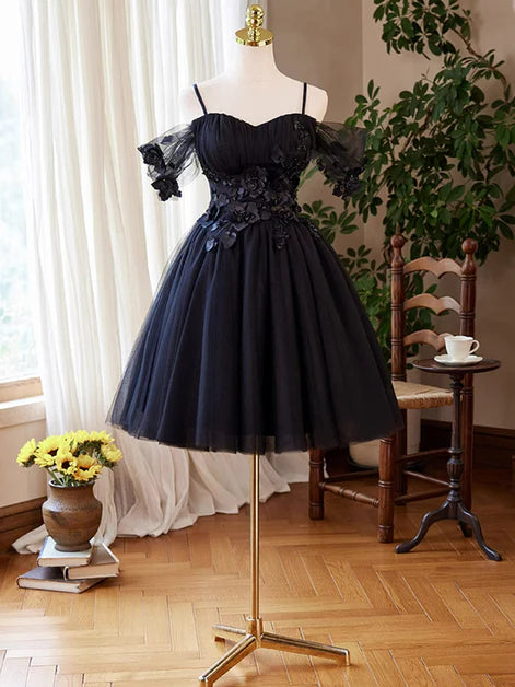 Navy Tulle Applique Short Homecoming Dress with Spaghetti Straps
