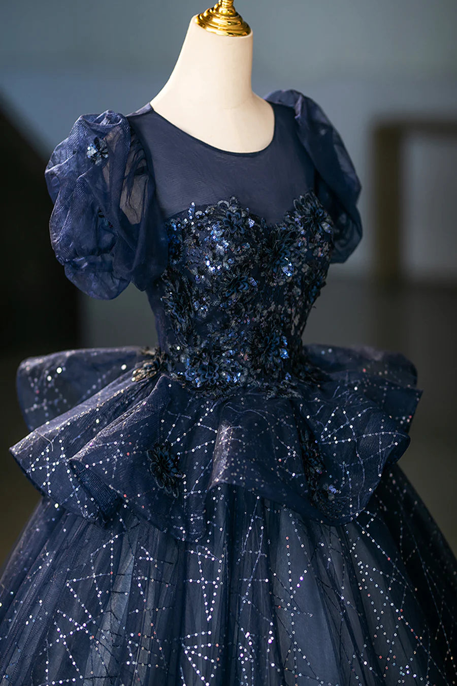 Navy Tulle Sequins With Applique Short Sleeve Long Prom Dress Evening Party Dress