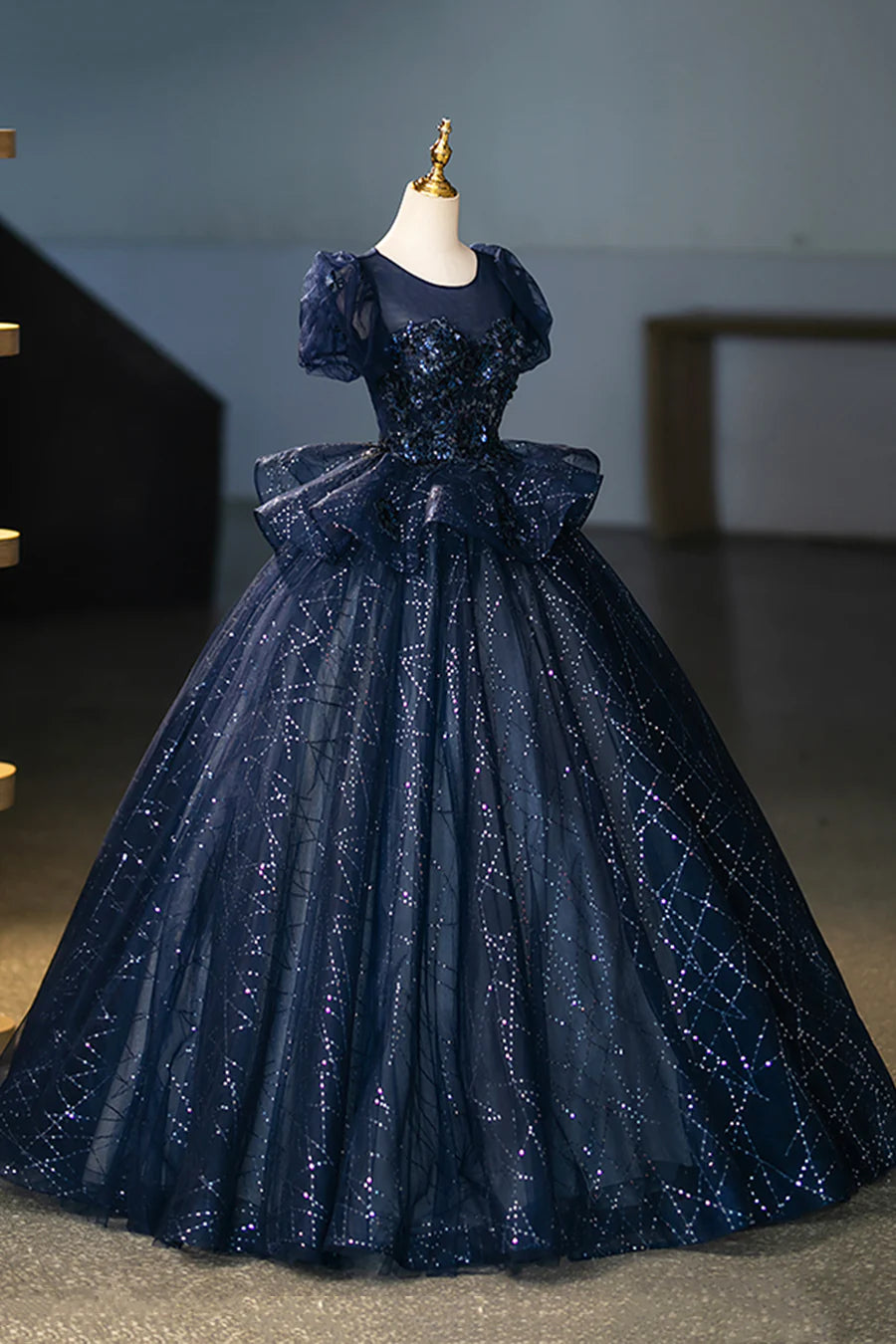 Navy Tulle Sequins With Applique Short Sleeve Long Prom Dress Evening Party Dress