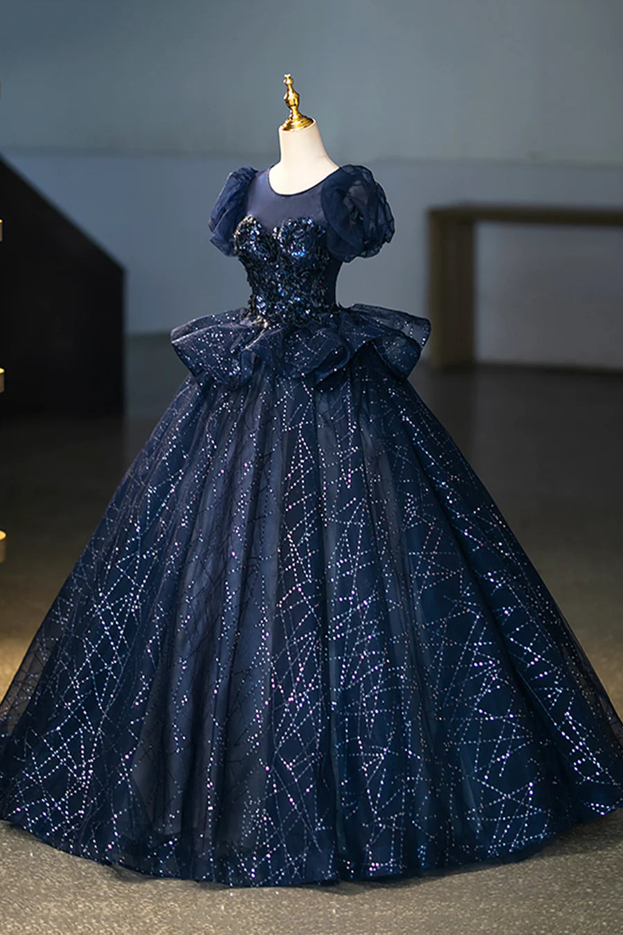 Navy Tulle Sequins With Applique Short Sleeve Long Prom Dress Evening Party Dress