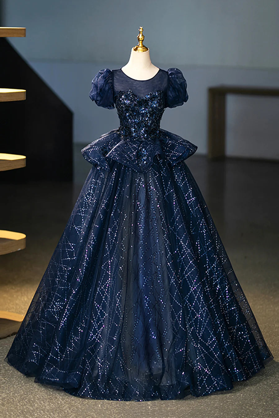 Navy Tulle Sequins With Applique Short Sleeve Long Prom Dress Evening Party Dress