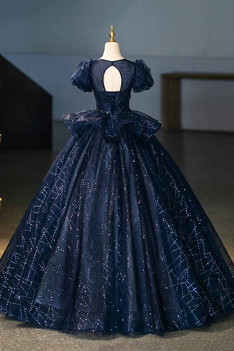 Navy Tulle Sequins With Applique Short Sleeve Long Prom Dress Evening Party Dress