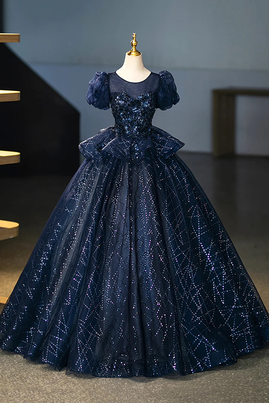 Navy Tulle Sequins With Applique Short Sleeve Long Prom Dress Evening Party Dress