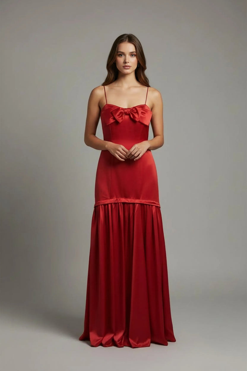 New A-Line Spaghetti Strap Bow Front Satin Red Floor-Length Prom Dress Buy