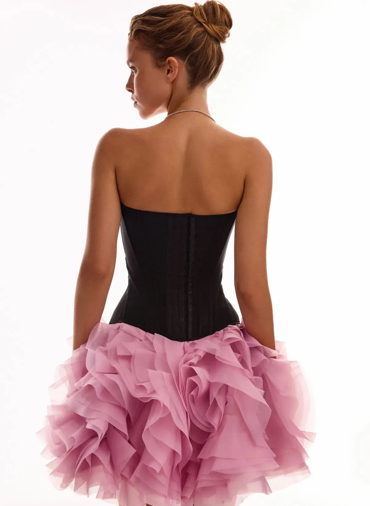 New A-Line Strapless Corset Tiered Ruffle Pink And Black Short Homecoming Dress
