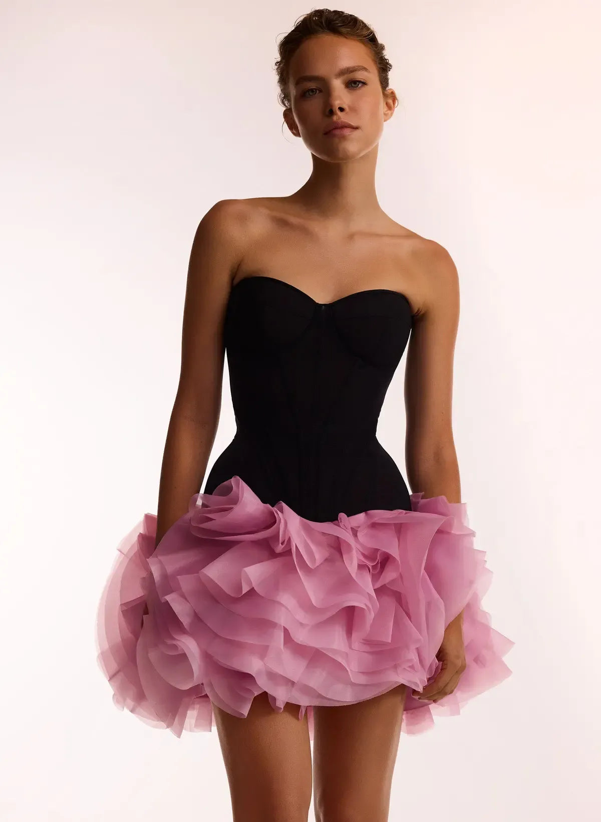New A-Line Strapless Corset Tiered Ruffle Pink And Black Short Homecoming Dress