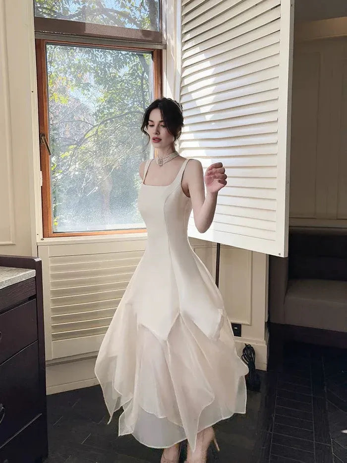 New A Line Square Neck White Ankle Length Evening Dress Prom Dress