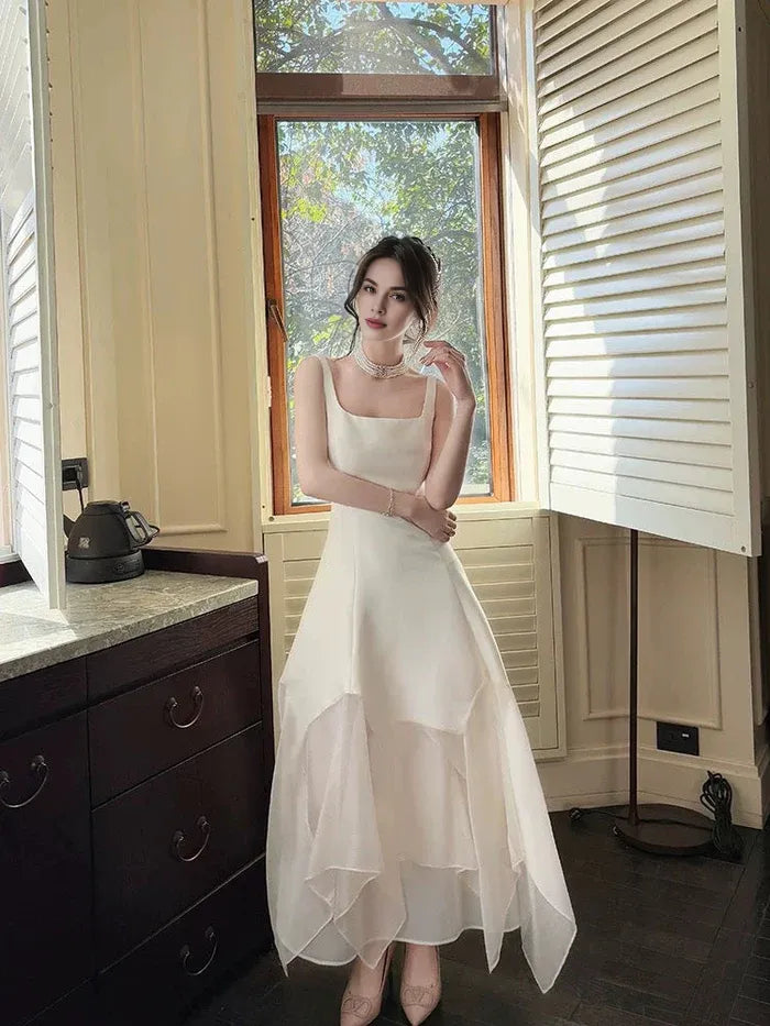 New A Line Square Neck White Ankle Length Evening Dress Prom Dress