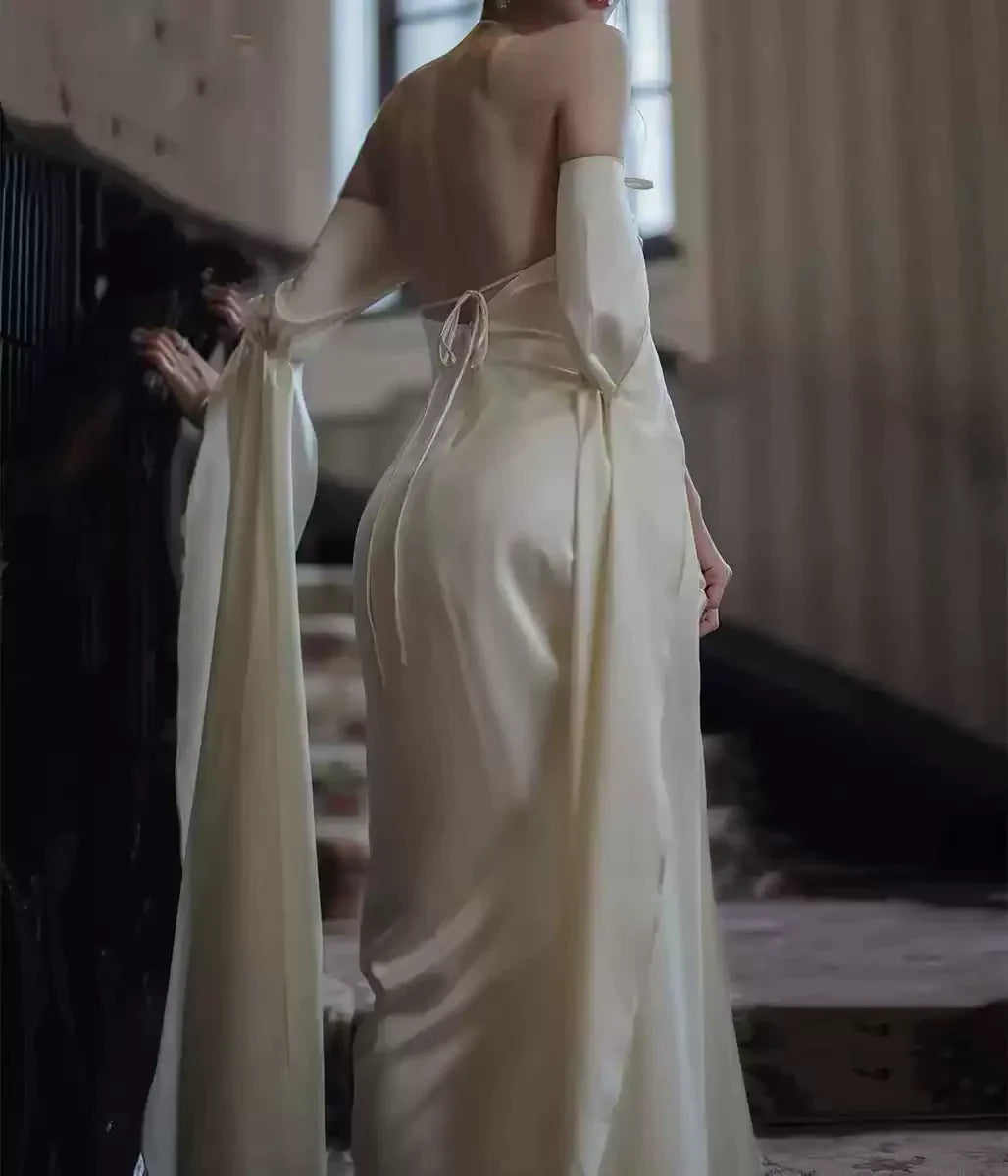 New Arrival Ivory Silk Satin Open Back Spaghetti Straps Mermaid Long Prom Dress Sexy Evening Dress