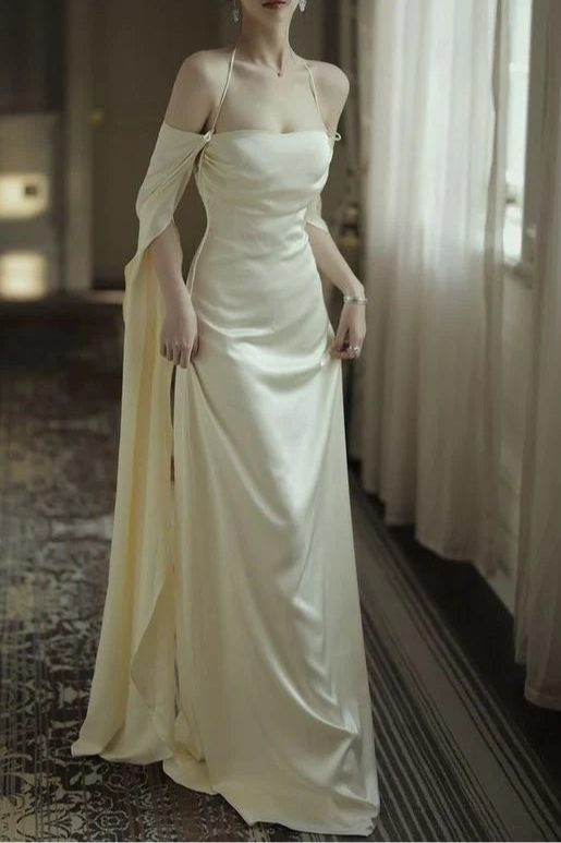 New Arrival Ivory Silk Satin Open Back Spaghetti Straps Mermaid Long Prom Dress Sexy Evening Dress