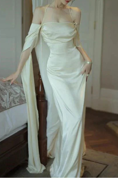 New Arrival Ivory Silk Satin Open Back Spaghetti Straps Mermaid Long Prom Dress Sexy Evening Dress