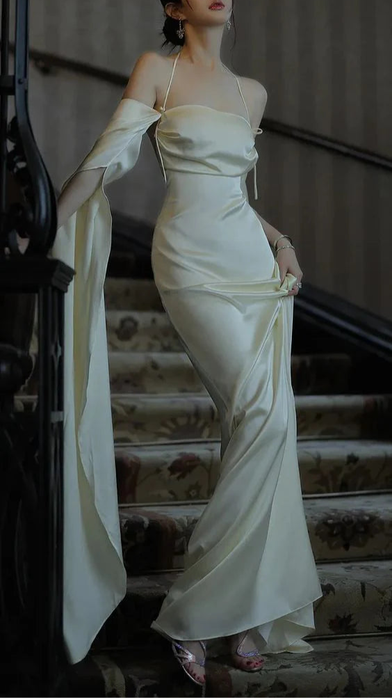 New Arrival Ivory Silk Satin Open Back Spaghetti Straps Mermaid Long Prom Dress Sexy Evening Dress