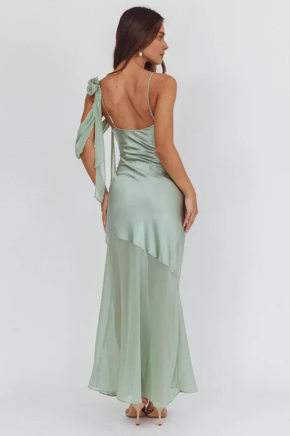 New Draped Collar Spaghetti Straps Chiffon Hem Sage Maxi Prom Dress