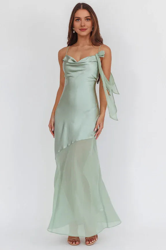 New Draped Collar Spaghetti Straps Chiffon Hem Sage Maxi Prom Dress