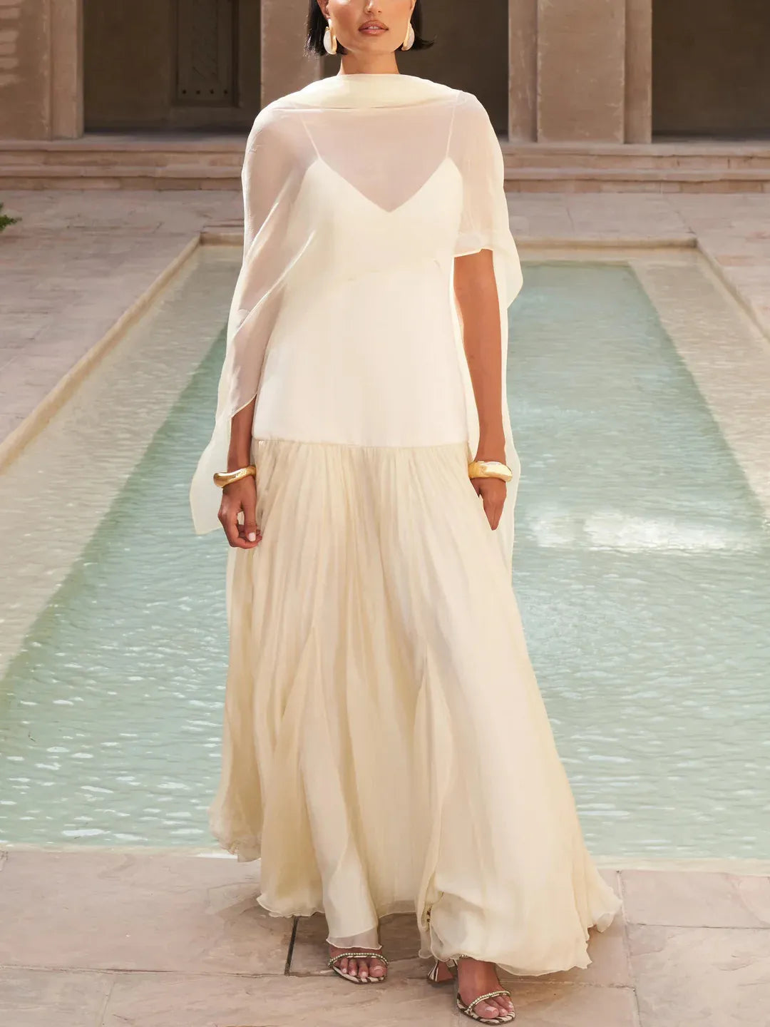 New Elegant V-Neck Open Back Butter Yellow Floor-Length Maxi Dress With Scarf