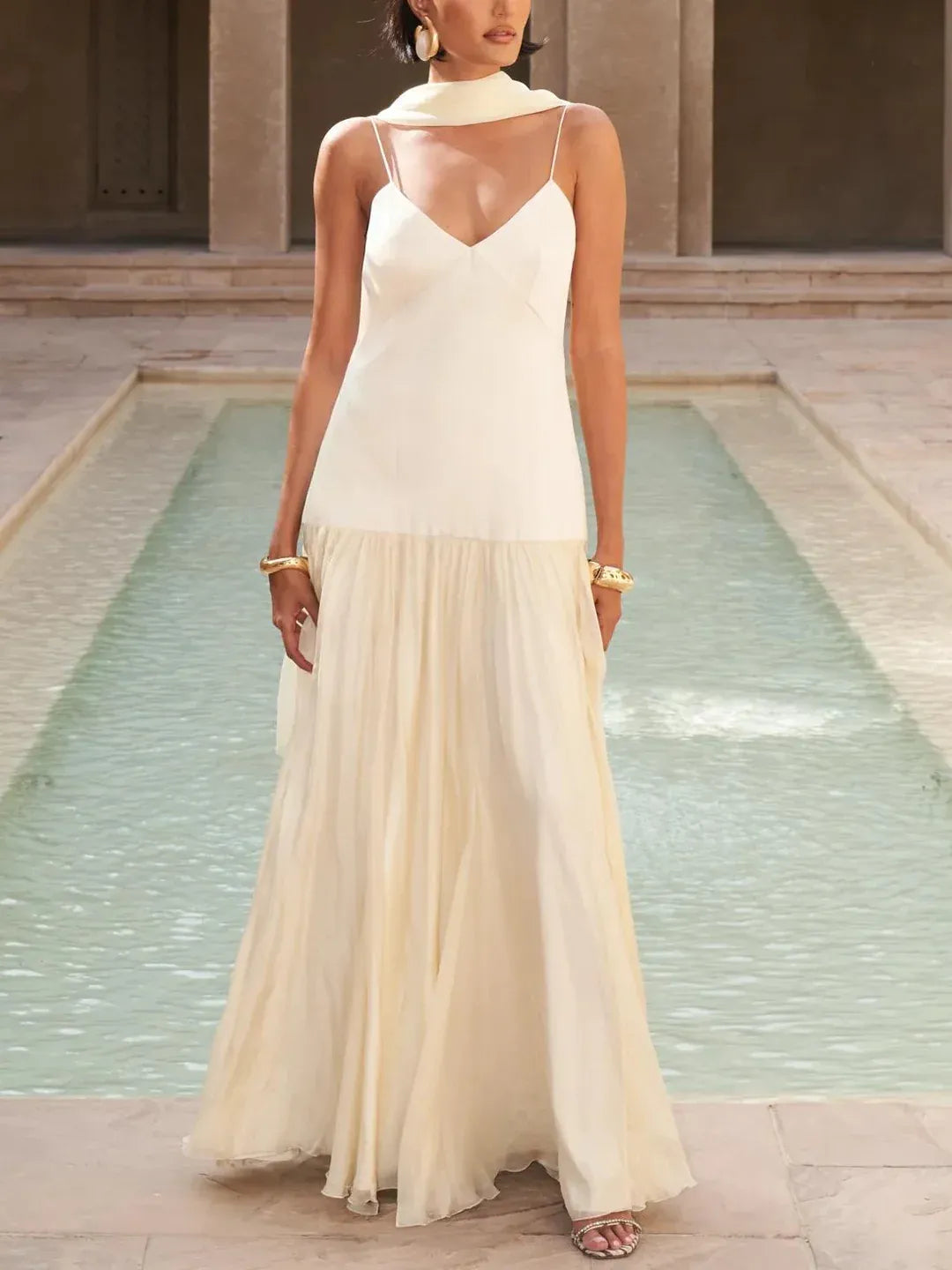 New Elegant V-Neck Open Back Butter Yellow Floor-Length Maxi Dress With Scarf