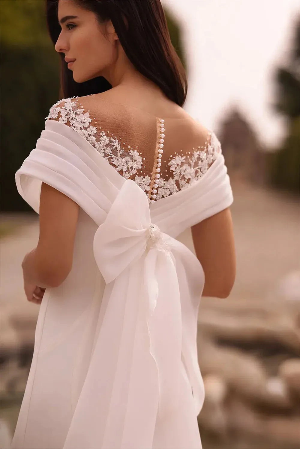 New Mermaid Illusion-Neck Bow Appliques Lace Satin White Train Wedding Dress