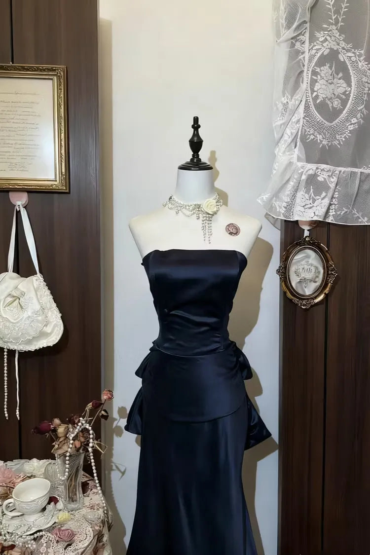 New Mermaid Strapless Peplum-Back Navy Floor-Length Formal Prom Dress Hot Sale