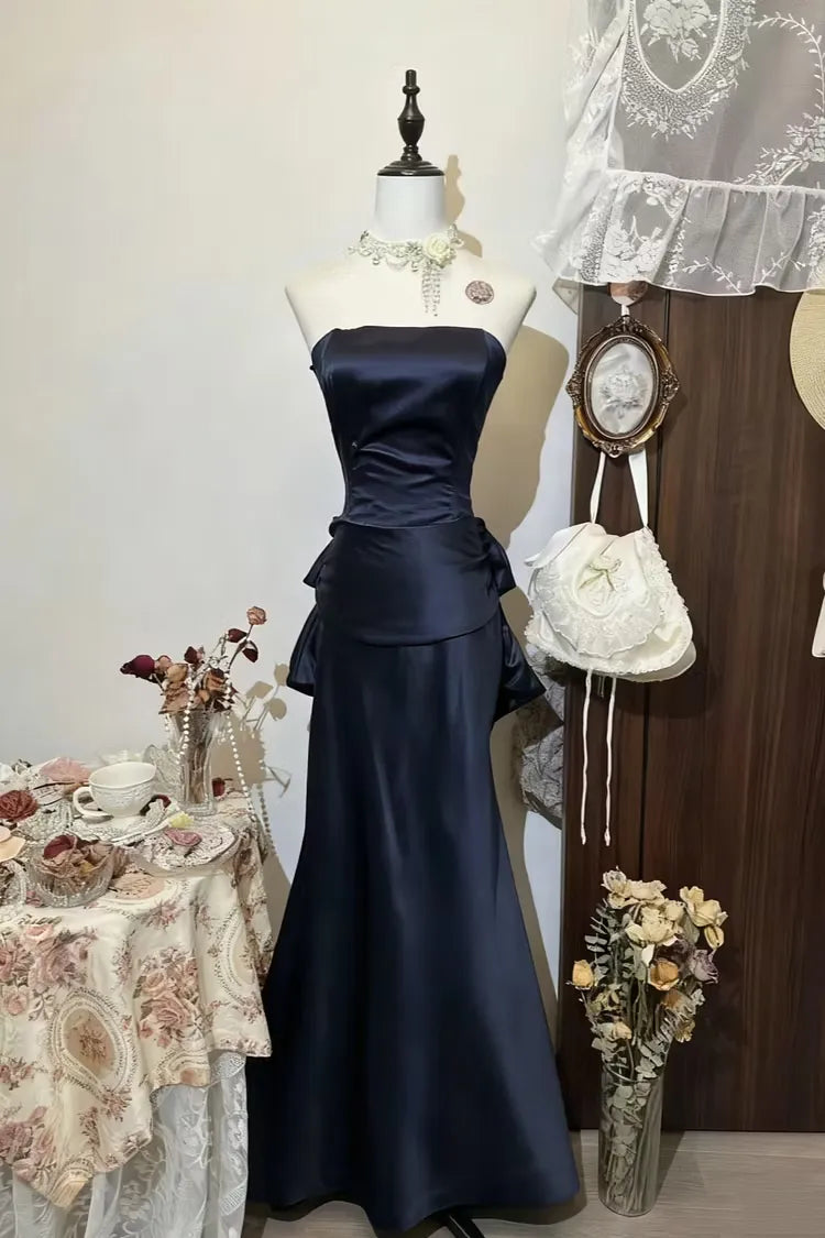 New Mermaid Strapless Peplum-Back Navy Floor-Length Formal Prom Dress Hot Sale