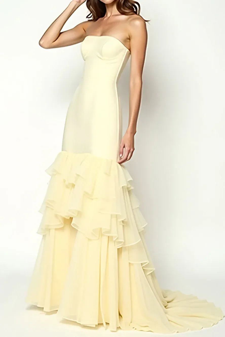 New Mermaid Strapless Yellow Train Prom Dress With Tiered Ruffle Hem
