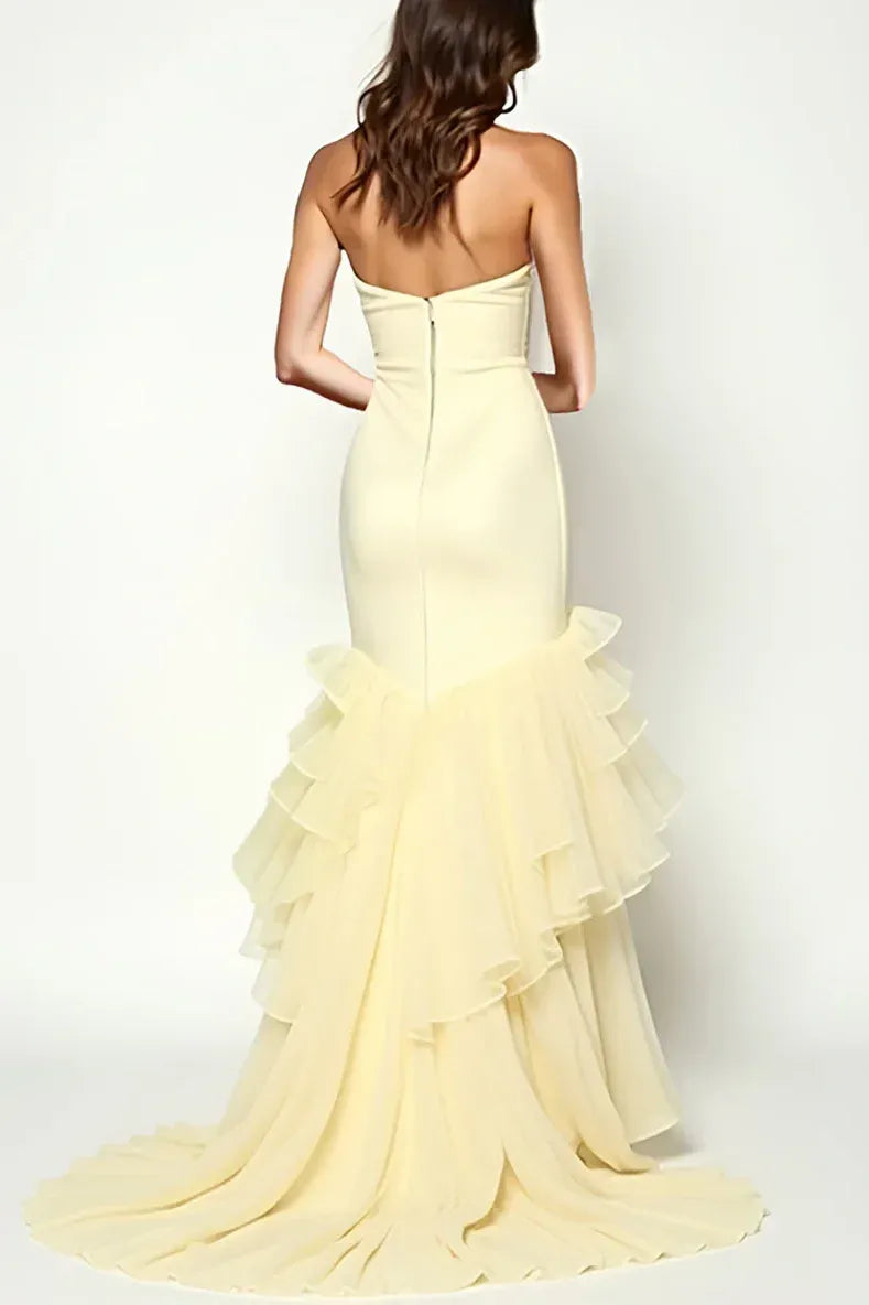 New Mermaid Strapless Yellow Train Prom Dress With Tiered Ruffle Hem