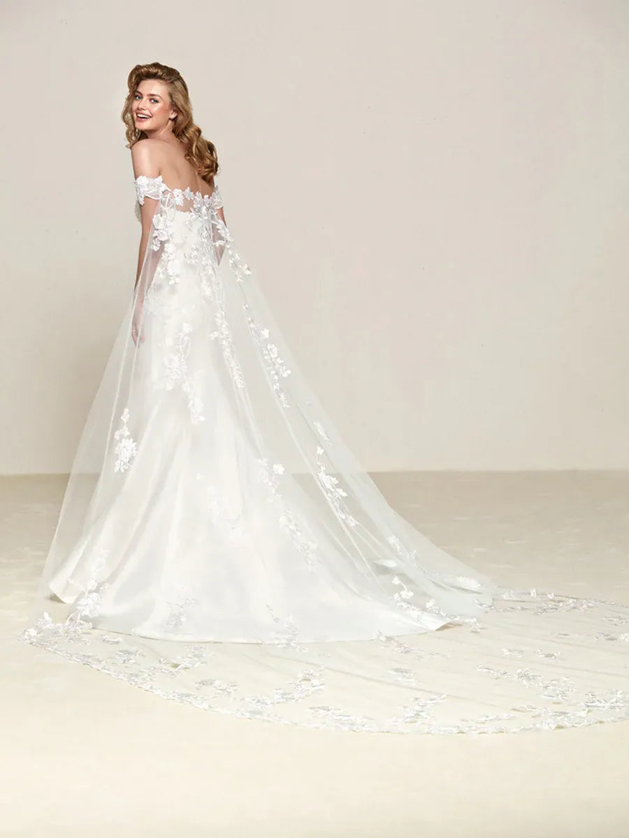 New Model Mermaid Off-Shoulder Cape Lace Satin White Train Wedding Dress With Appliques