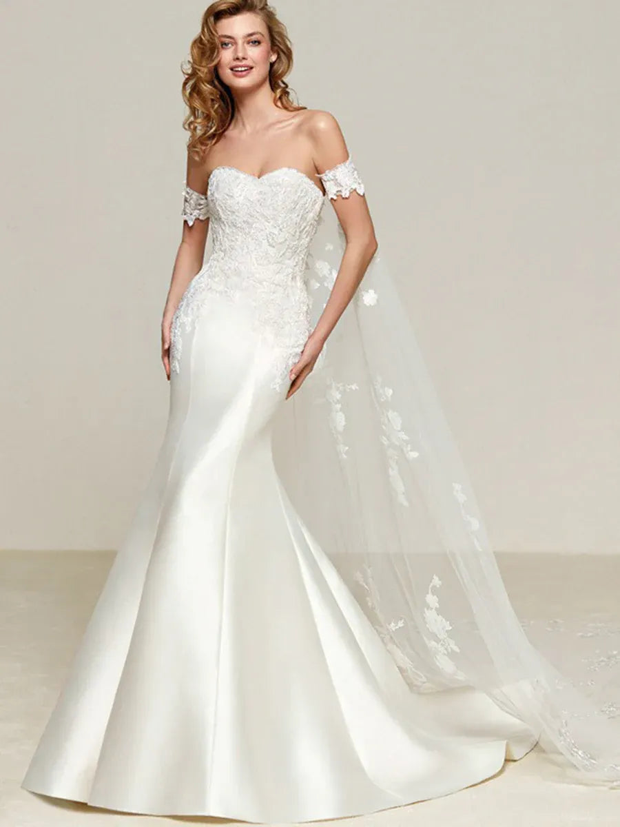 New Model Mermaid Off-Shoulder Cape Lace Satin White Train Wedding Dress With Appliques