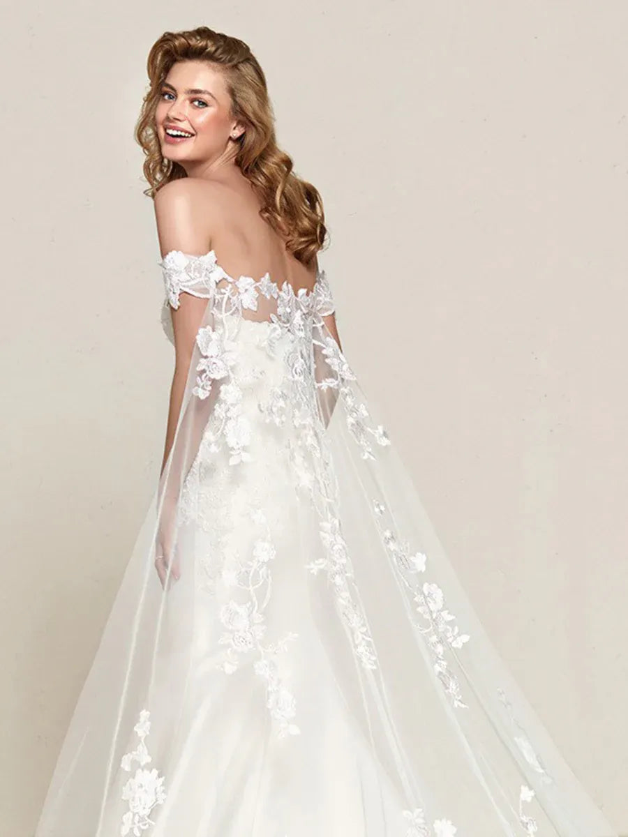 New Model Mermaid Off-Shoulder Cape Lace Satin White Train Wedding Dress With Appliques
