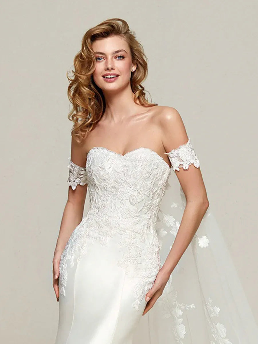 New Model Mermaid Off-Shoulder Cape Lace Satin White Train Wedding Dress With Appliques