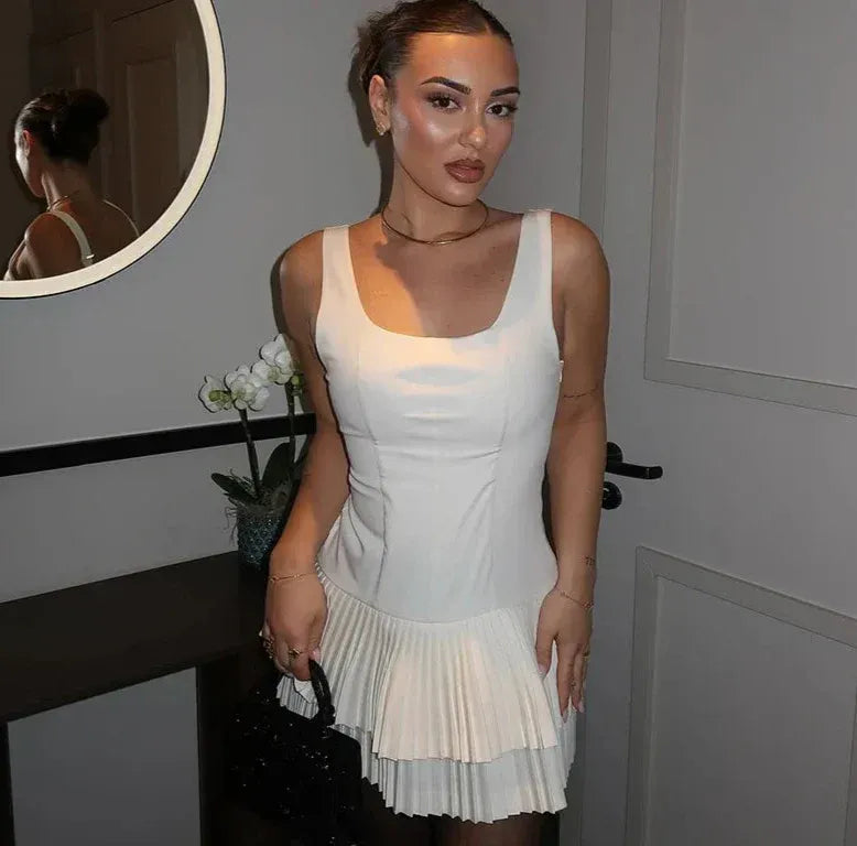 New Sheath Square-Neck Sleeveless Tiered Pleated White Short Homecoming Dress