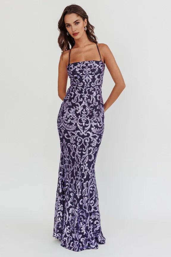New Spaghetti Straps Sequin Lavender And Navy Maxi Evening Dress