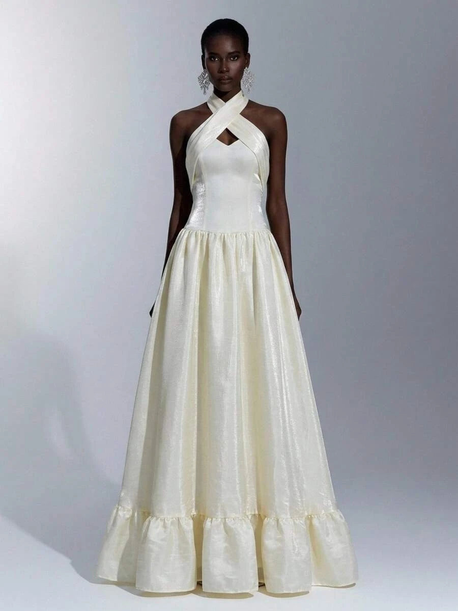New A-Line Halter Bow-Back Tiered Ivory Floor-Length Prom Dress Hot Sale