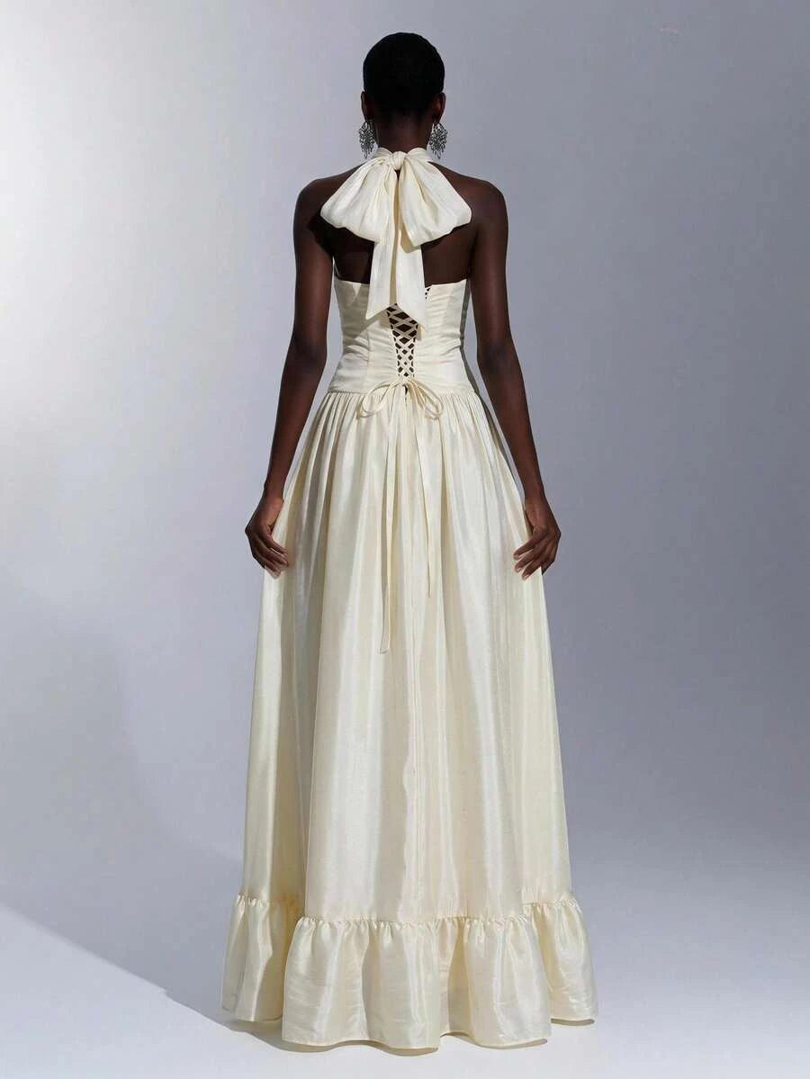 New A-Line Halter Bow-Back Tiered Ivory Floor-Length Prom Dress Hot Sale