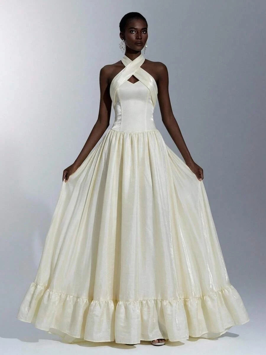 New A-Line Halter Bow-Back Tiered Ivory Floor-Length Prom Dress Hot Sale