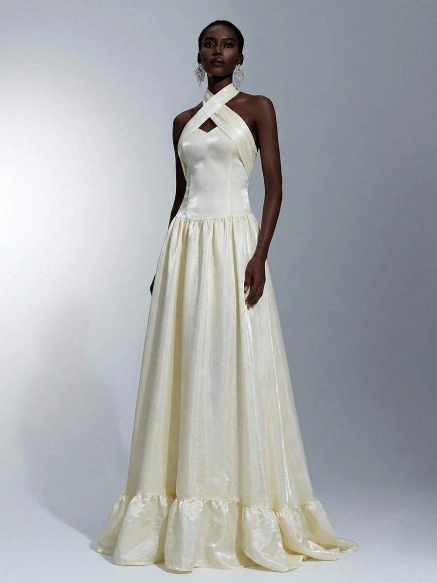 New A-Line Halter Bow-Back Tiered Ivory Floor-Length Prom Dress Hot Sale