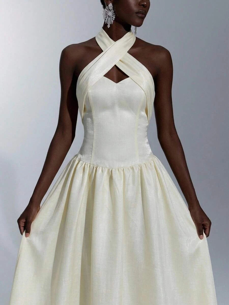 New A-Line Halter Bow-Back Tiered Ivory Floor-Length Prom Dress Hot Sale