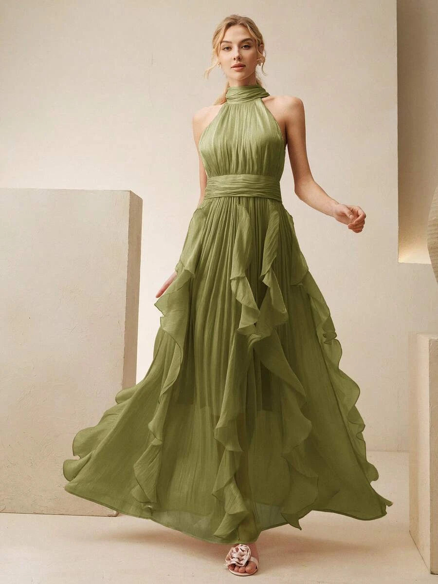 New A-Line Halter Neck Ruffled Tiered Olive Green Floor-Length Prom Dress